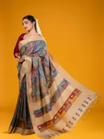 Rama Green Hand Painted Pen Kalamkari Tussar Silk Saree - Image 2