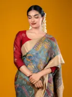Rama Green Hand Painted Pen Kalamkari Tussar Silk Saree