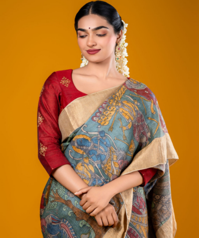 Rama Green Hand Painted Pen Kalamkari Tussar Silk Saree