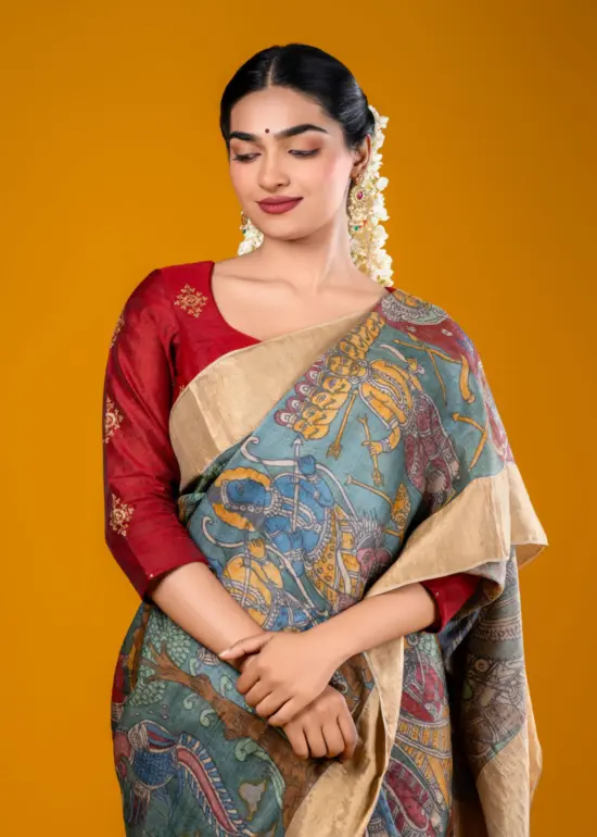 Rama Green Hand Painted Pen Kalamkari Tussar Silk Saree