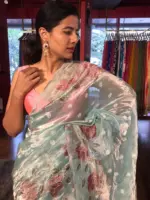 Blue Hand Embroidered and Hand painted Tissue Silk Saree highlighted with Scalloped Border