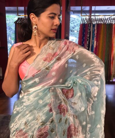 Blue Hand Embroidered and Hand painted Tissue Silk Saree highlighted with Scalloped Border