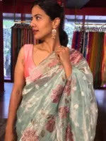 Blue Hand Embroidered and Hand painted Tissue Silk Saree highlighted with Scalloped Border - Image 2