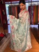 Blue Hand Embroidered and Hand painted Tissue Silk Saree highlighted with Scalloped Border - Image 4