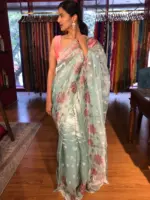 Blue Hand Embroidered and Hand painted Tissue Silk Saree highlighted with Scalloped Border - Image 3