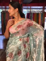 Blue Hand Embroidered and Hand painted Tissue Silk Saree highlighted with Scalloped Border - Image 6