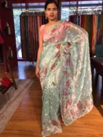 Blue Hand Embroidered and Hand painted Tissue Silk Saree highlighted with Scalloped Border - Image 5
