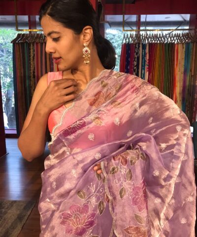 Purple Hand Embroidered and Hand painted Tissue Silk Saree highlighted with Scalloped Border