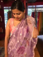Purple Hand Embroidered and Hand painted Tissue Silk Saree highlighted with Scalloped Border - Image 4
