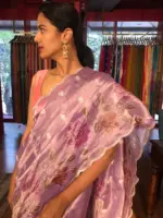 Purple Hand Embroidered and Hand painted Tissue Silk Saree highlighted with Scalloped Border - Image 6