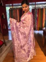 Purple Hand Embroidered and Hand painted Tissue Silk Saree highlighted with Scalloped Border - Image 5