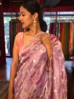 Purple Hand Embroidered and Hand painted Tissue Silk Saree highlighted with Scalloped Border - Image 7