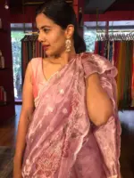 Lilac Handpainted Tissue Silk Saree with Beautiful Embroidered Florals - Image 3