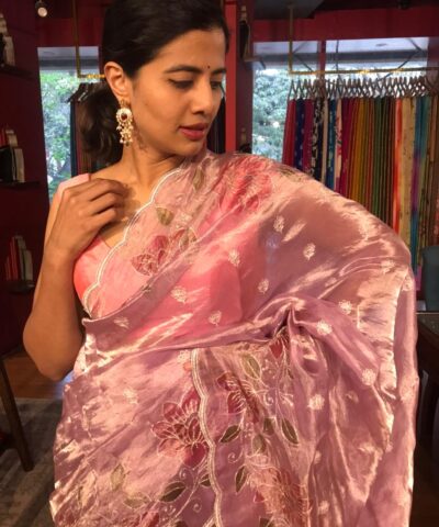 Lilac Handpainted Tissue Silk Saree with Beautiful Embroidered Florals