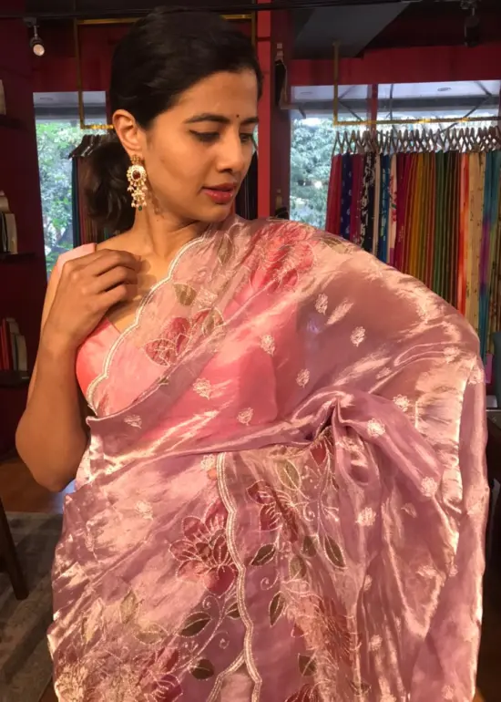 Lilac Handpainted Tissue Silk Saree with Beautiful Embroidered Florals