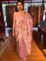 Lilac Handpainted Tissue Silk Saree with Beautiful Embroidered Florals - Image 4