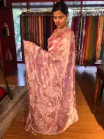 Lilac Handpainted Tissue Silk Saree with Beautiful Embroidered Florals - Image 5