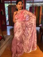 Lilac Handpainted Tissue Silk Saree with Beautiful Embroidered Florals - Image 6