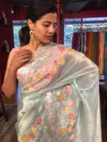 Powder Blue Crushed Tissue Silk Saree with Beautiful Embroidery