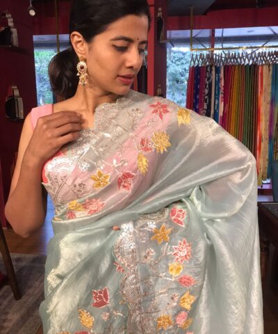 Powder Blue Crushed Tissue Silk Saree with Beautiful Embroidery