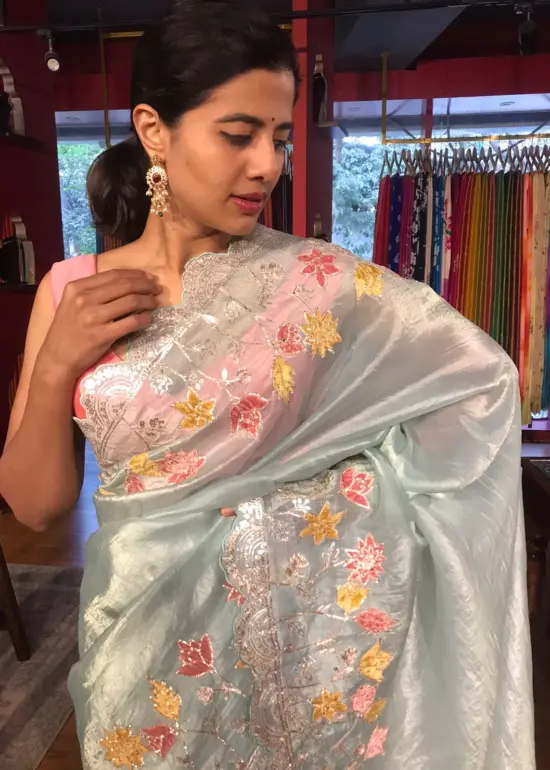 Powder Blue Crushed Tissue Silk Saree with Beautiful Embroidery
