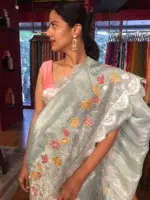 Powder Blue Crushed Tissue Silk Saree with Beautiful Embroidery - Image 2