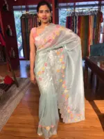 Powder Blue Crushed Tissue Silk Saree with Beautiful Embroidery - Image 4