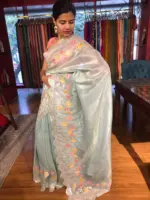 Powder Blue Crushed Tissue Silk Saree with Beautiful Embroidery - Image 5