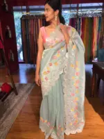 Powder Blue Crushed Tissue Silk Saree with Beautiful Embroidery - Image 6