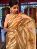 Yellow Floral Printed Tissue Silk Saree with Gold Zari Border