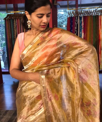 Yellow Floral Printed Tissue Silk Saree with Gold Zari Border