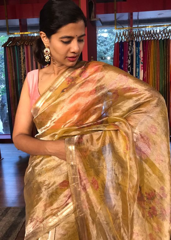 Yellow Floral Printed Tissue Silk Saree with Gold Zari Border