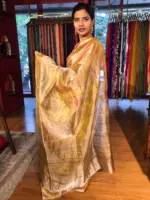 Yellow Floral Printed Tissue Silk Saree with Gold Zari Border - Image 3