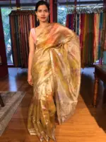 Yellow Floral Printed Tissue Silk Saree with Gold Zari Border - Image 2