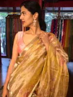 Yellow Floral Printed Tissue Silk Saree with Gold Zari Border - Image 5