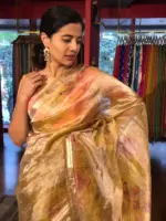 Yellow Floral Printed Tissue Silk Saree with Gold Zari Border - Image 4