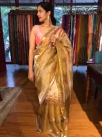 Yellow Floral Printed Tissue Silk Saree with Gold Zari Border - Image 6