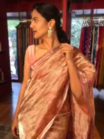 Peach Floral Printed Tissue Silk Saree with Gold Zari Border - Image 2