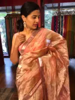 Peach Floral Printed Tissue Silk Saree with Gold Zari Border
