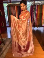 Peach Floral Printed Tissue Silk Saree with Gold Zari Border - Image 3