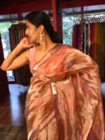 Peach Floral Printed Tissue Silk Saree with Gold Zari Border - Image 4