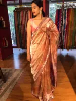 Peach Floral Printed Tissue Silk Saree with Gold Zari Border - Image 6