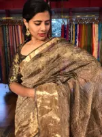 Black Crushed Semi Tissue Silk Saree with Gold Zari Border