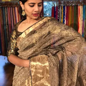 Black Crushed Semi Tissue Silk Saree with Gold Zari Border