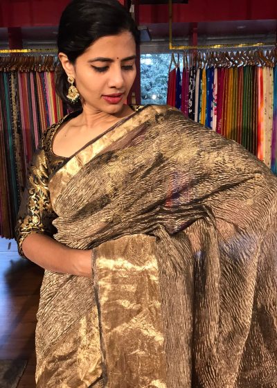Black Crushed Tissue Silk Saree with Gold Zari Border