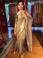 Black Crushed Semi Tissue Silk Saree with Gold Zari Border - Image 3