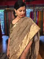 Black Crushed Semi Tissue Silk Saree with Gold Zari Border - Image 2