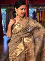 Black Crushed Semi Tissue Silk Saree with Gold Zari Border - Image 4