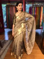 Black Crushed Semi Tissue Silk Saree with Gold Zari Border - Image 6