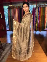 Black Crushed Semi Tissue Silk Saree with Gold Zari Border - Image 5